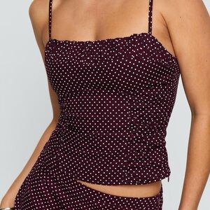 Princess Polly Burgundy white polka dot top